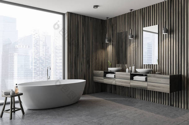 现代化的<strong>浴室</strong>角落, 配有深色木墙、灰色地板、白色浴缸和双水池。全景窗口。3d 渲染