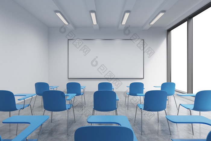 A classroom or presentation room in a modern university or fancy office. Blue chairs, a whiteboard o