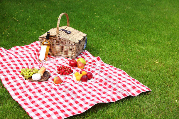 园中的野餐篮，装有产品和酒瓶，铺在<strong>格子</strong>毯子上