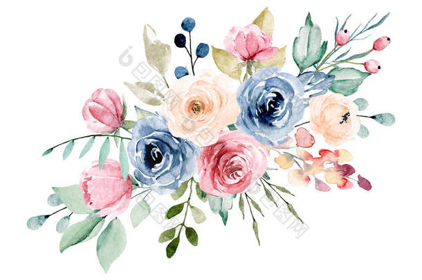 beautiful watercolor flowers, botanic composition for wedding or greeting card