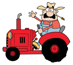 友好农夫挥手和驾驶一辆红色的拖拉机