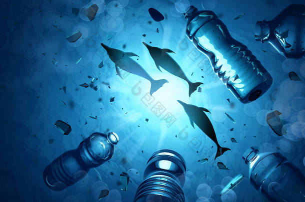 海豚在被塑料污染的海洋中游动 