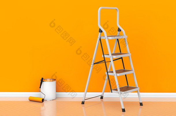 绘画的<strong>墙</strong>在橘黄色的概念。辊油漆罐