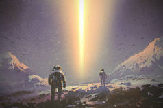 宇航员走到神秘光梁从天空