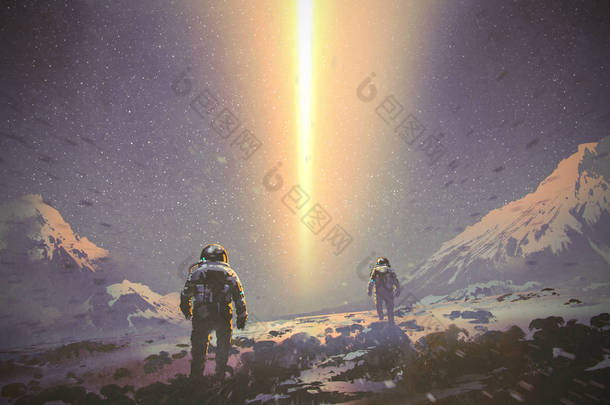 宇航员走到神秘光梁从天空