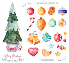 快乐的圣诞节和新年快乐水彩画集.