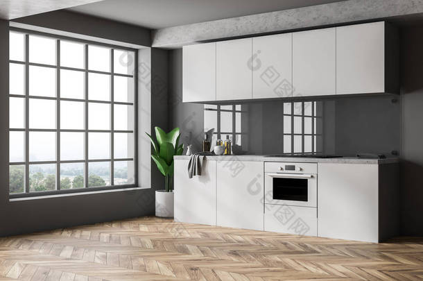 简约的<strong>厨房</strong>内饰, 灰色墙壁, 木地板, 白色台面和橱柜和大窗户。3d 渲染