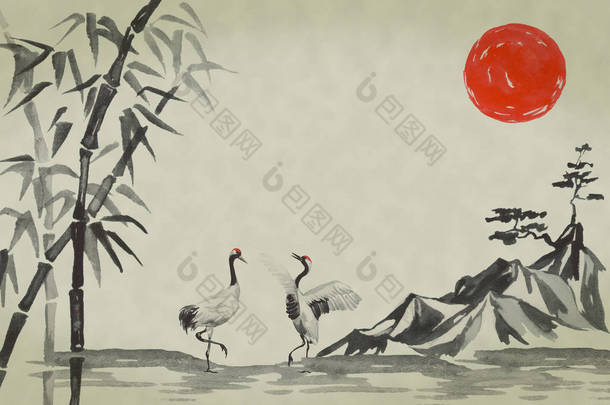日本传统的相美画。水彩和水墨插图的风格 sumi-e, u-sin。富士山、樱花、日落。日本太阳。印第安墨水例证。日文图片.