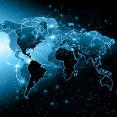 世界地图上的科技背景，发光线符号的互联网、 广播、 电视、 移动和卫星通信.