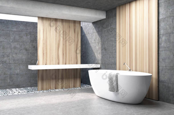 灰色的浴室，白色浴缸侧