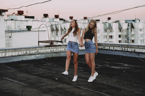 生活方式和人们观念︰ 时尚肖像的两个时尚女孩最好的朋友在户外穿牛仔裙，在屋顶上。为了好玩的快乐夏季时间.