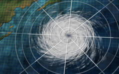飓风图形与数字监测分析图作为一个危险的自然灾害天气系统在海洋海岸的3d 例证样式.