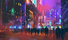 人们在夜间行走在科幻城市 