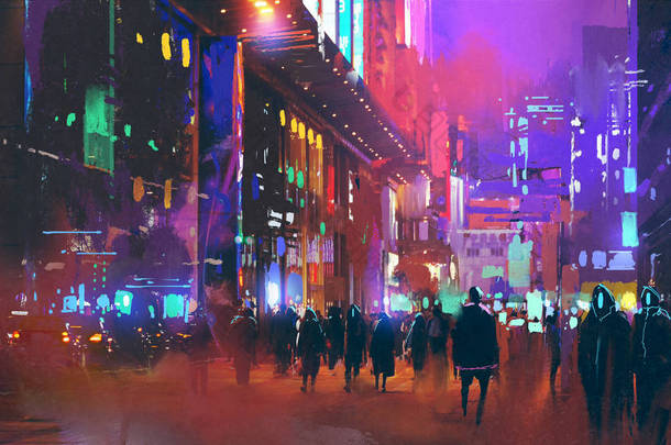 人们在夜间行走在科幻城市 