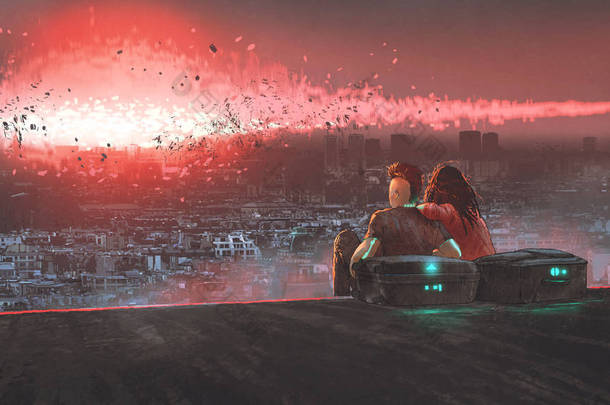 世界末日的概念显示一对年轻夫妇看<strong>核爆炸</strong>摧毁城市, 数字艺术风格, 插图绘画