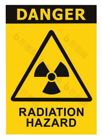 辐射危险符号标志的 radhaz 威胁警报图标，黑黄色的三角形标志文本隔离图片