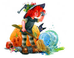 红头发的巫婆拿着扫帚，手里拿着一只老鼠，露出舌头。水彩画,手工制作.