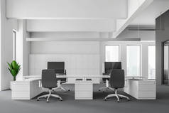 开放空间办公室的正面视图, 白色的墙壁, 灰色的地板, 巨大的白色电脑桌子和储物柜附近的墙壁。3d 渲染