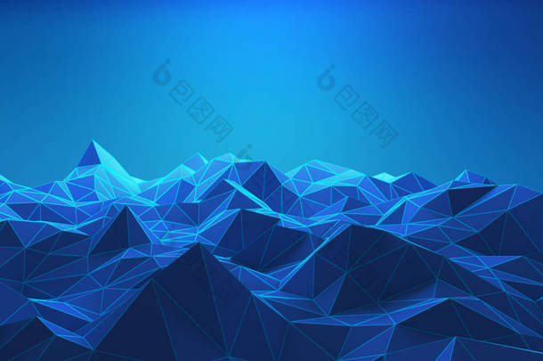 山脉的线框技术概念。科幻数据未来的背景。3d 插图.