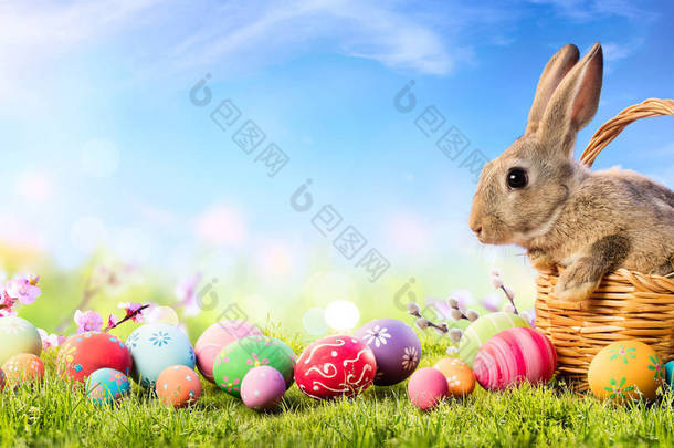 小兔子在篮子里，有精美的蛋-复活节卡片