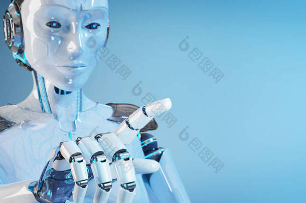 白色女子机器人指着她的手指被孤立在蓝色背景3d 渲染