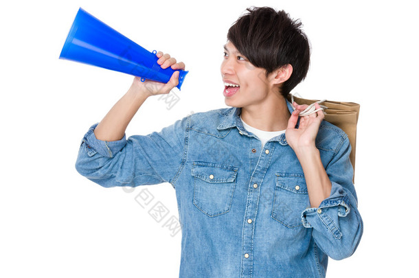 Asian man using megaphone