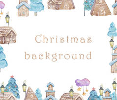 水彩姜饼房子图案与圣诞树和房子，节日圣诞树庆祝纸。冬季新年设计。圣诞节背景
