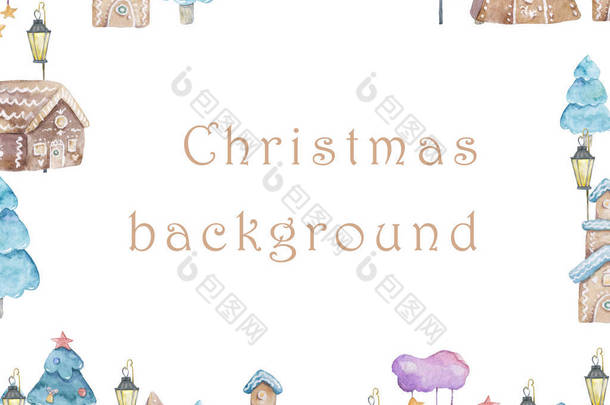 水彩姜饼房子图案与圣诞树和房子，节日圣诞树庆祝纸。冬季<strong>新年</strong>设计。圣诞节背景