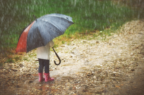 happy baby girl with  umbrella in the rain runs through