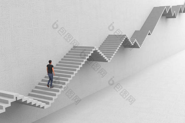 一个野心勃勃的人正在上楼去上上下下地走来走去。 在事业阶梯上<strong>取得成功</strong>的艰难道路。 概念创意图解与复制空间。 3d渲染.