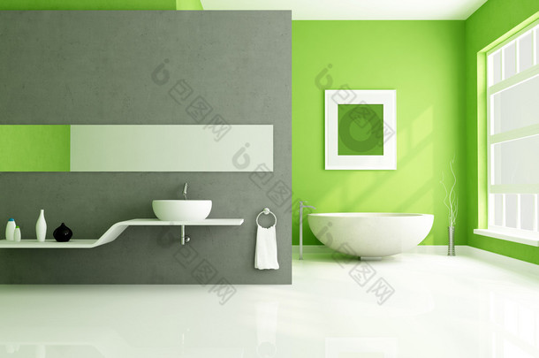 绿色和灰色的当代浴室