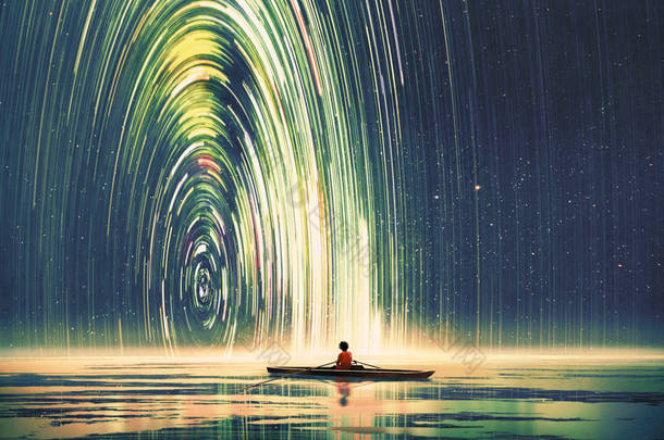 <strong>男孩</strong>划船在星光灿烂的夜晚与神秘的光，数字艺术风格，插图绘画