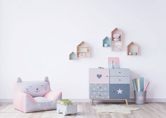 时髦的斯堪的纳维亚新生婴儿房和玩具。现代室内装饰，背景墙空旷，木地板和彩绘，3D渲染，3D插图图片