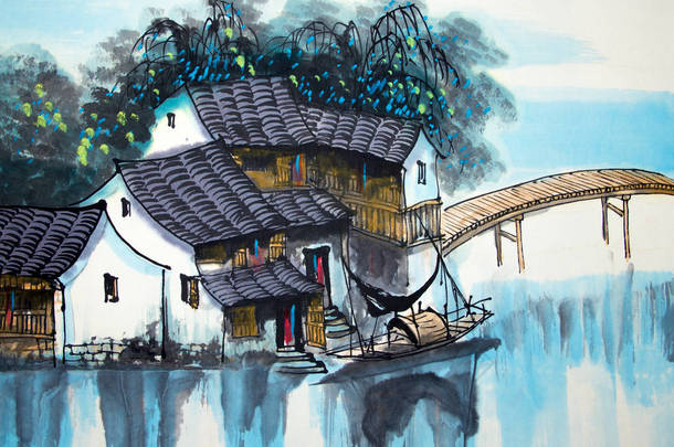 中国传统绘画的水上屋