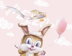 水彩兔，气球，天空云。飞机带着丝带飞行。手写字母。你好。浅粉色背景。苗圃墙艺术. 
