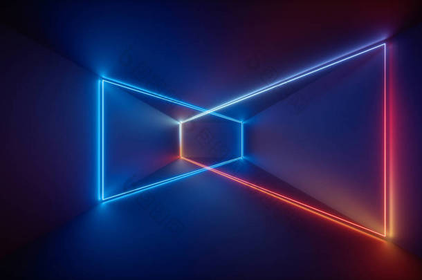 3d 渲染, 激光显示, 夜总会内饰灯, 蓝色红光发光线, 抽象荧光<strong>背景</strong>, 房间, 走廊