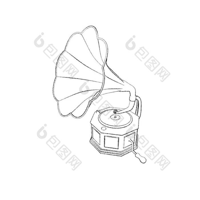 白色背景上的 Gramophone.Isolated。素描图.