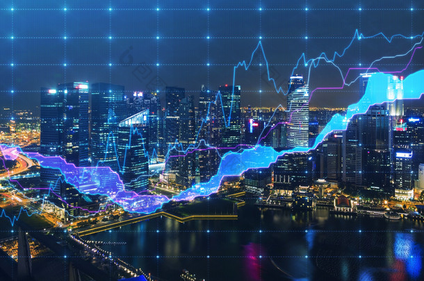 Panoramic evening New York view with the digital financial chart. A concept of the professional fina