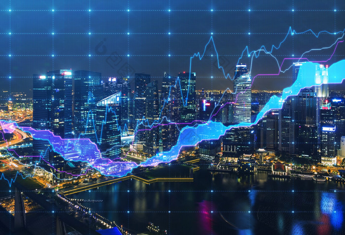 Panoramic evening New York view with the digital financial chart. A concept of the professional fina