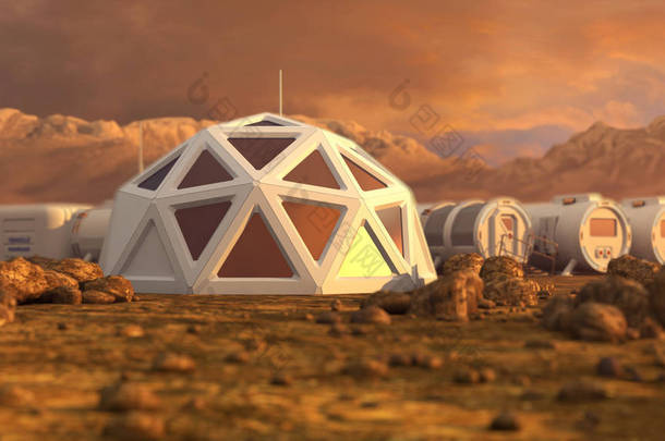 存储仓库。在火星的殖民<strong>地</strong>。火星上的自主生活。3d 渲染