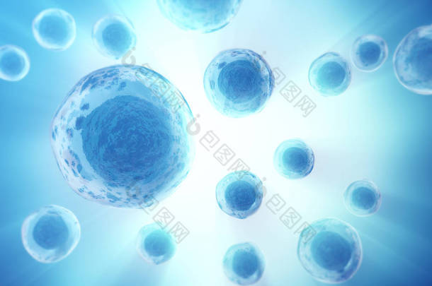 在蓝色背景上的人类或动物细胞。<strong>医学</strong>科学的概念。3d 渲染