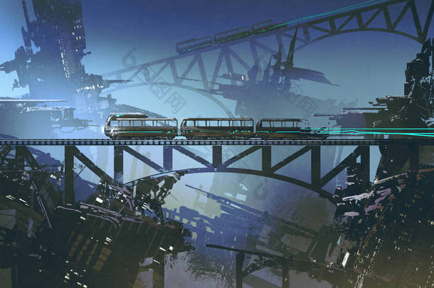 火车在铁路和桥梁被遗弃的城市 