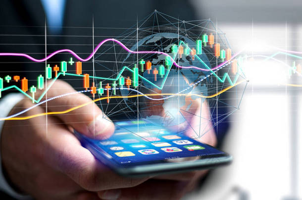 一个商人 usng 智能手机与3d 渲染股票交易数据<strong>信息显示</strong>在未来的界面