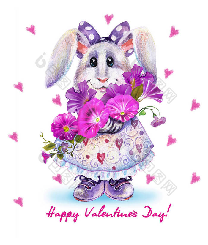 可爱的小兔子与花束的插图浪漫的兔子在心脏
