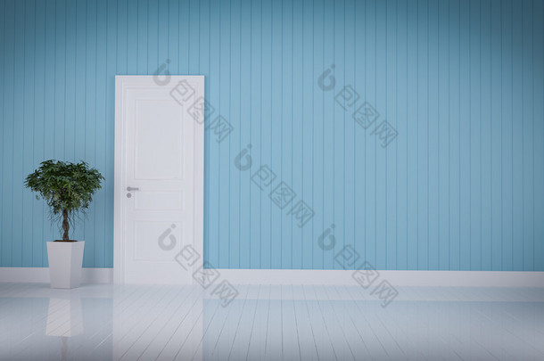 白色的门，蓝墙房间 3d 渲染上