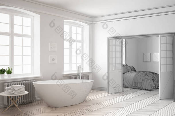 极简主义白色浴室和卧室中的未完成的项目 