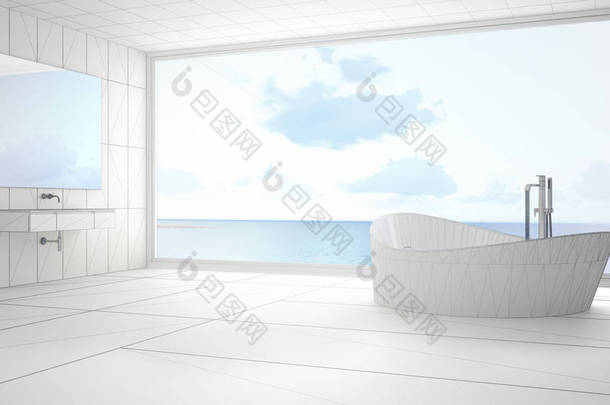 未完成的项目的极简主义浴室配有大全景赢