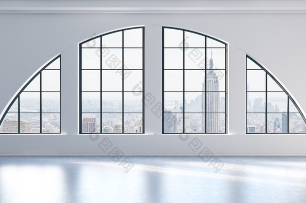 An empty modern bright and clean loft interior. New York city view. A concept of luxury open space f