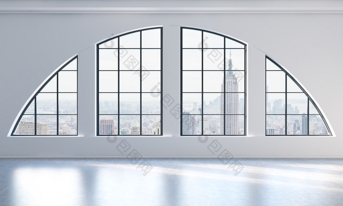 An empty modern bright and clean loft interior. New York city view. A concept of luxury open space f