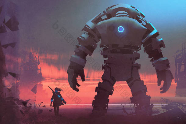 巨人机器人和它的主人看着一个被毁的城市在日落, 数字艺术风格, 数字绘画